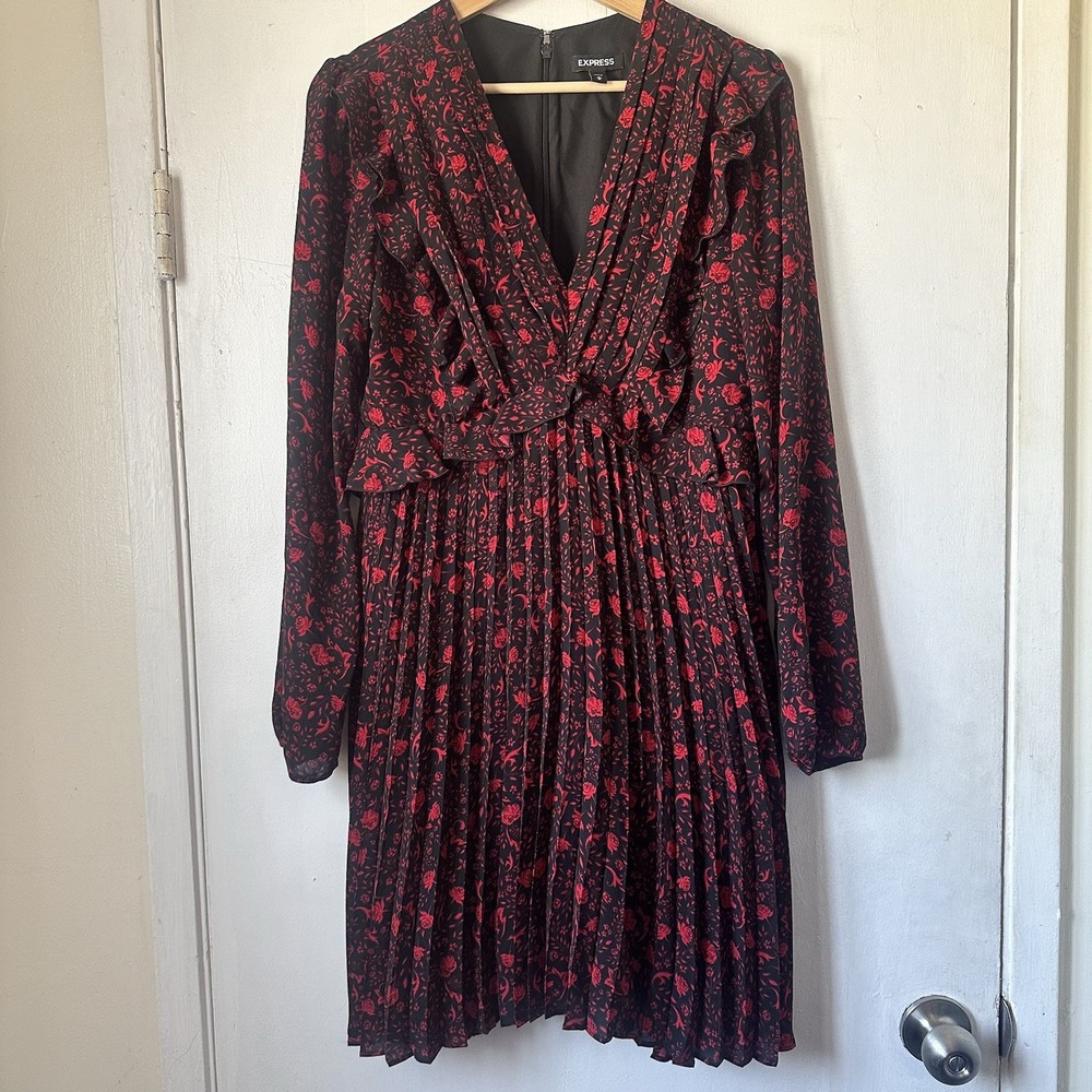 Express Pleated Chiffon Dress Floral Red & Black Romantic Coquette Whimsigoth